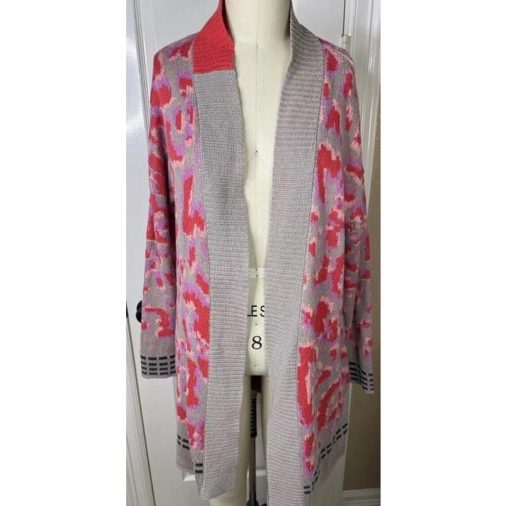 Nic Zoe Cardigan Sweater Women  L Red Pink Leopard Long Duster Cozy Artsy
